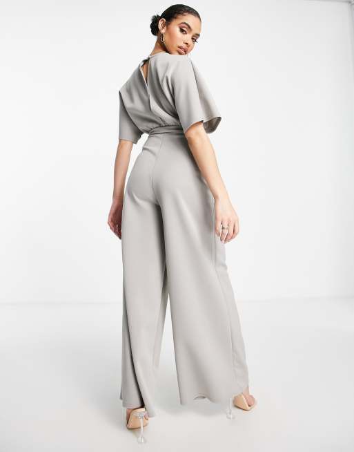 ASOS DESIGN lightweight scuba corset waist wide leg jumpsuit in grey, 2 of 4