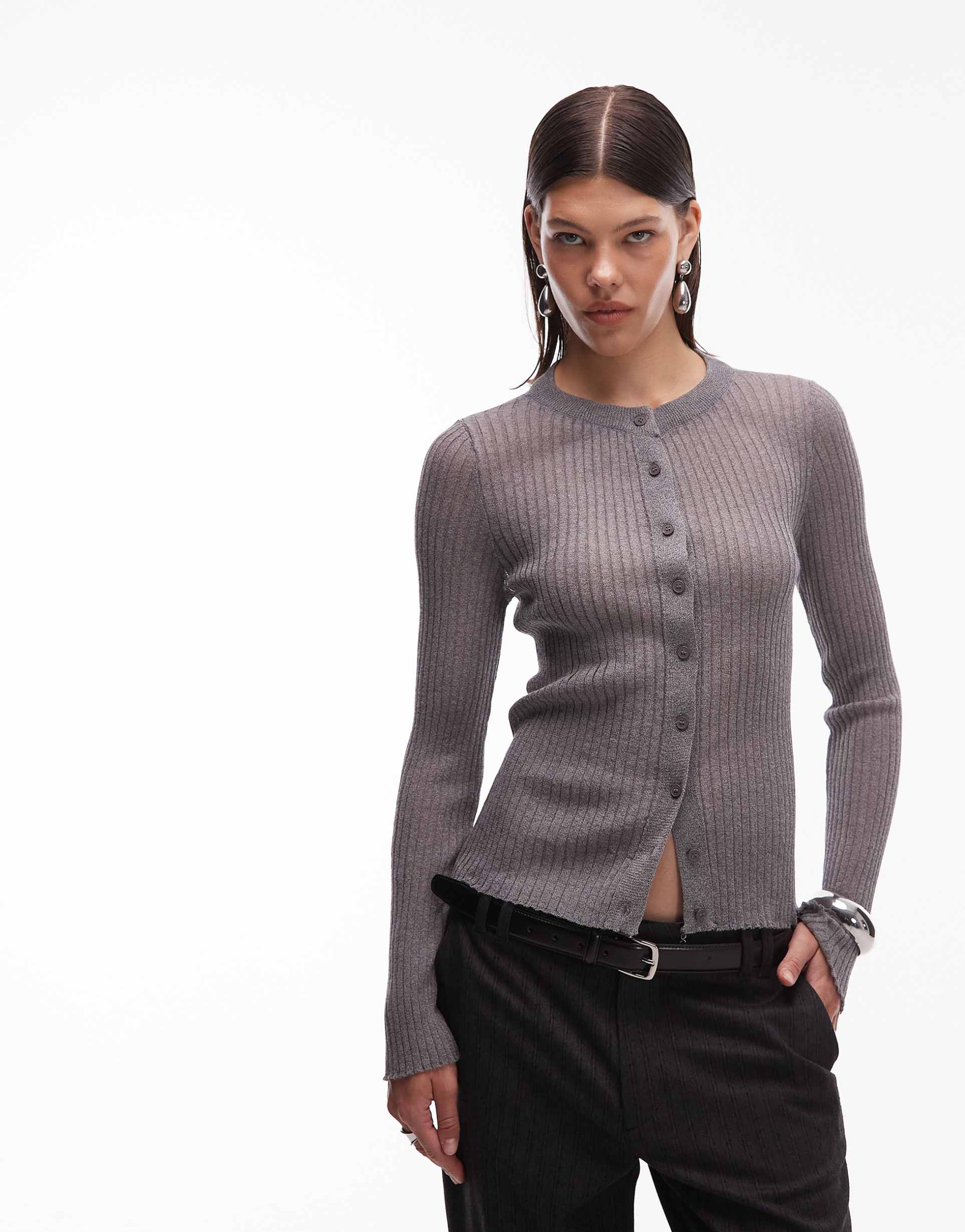 asos design lightweight sheer rib knit cardigan in gray
