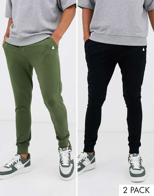 ASOS DESIGN lightweight super skinny joggers 2 pack black/khaki with ...