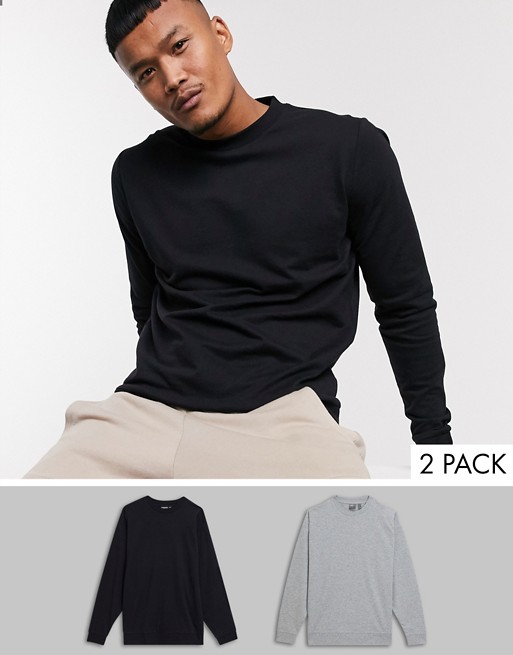 ASOS DESIGN lightweight sweatshirt 2 pack in black & grey marl