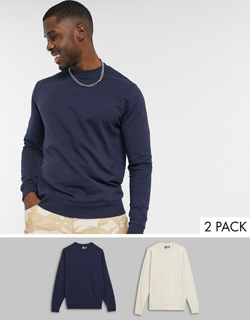 ASOS DESIGN lightweight sweatshirt 2 pack in navy & beige