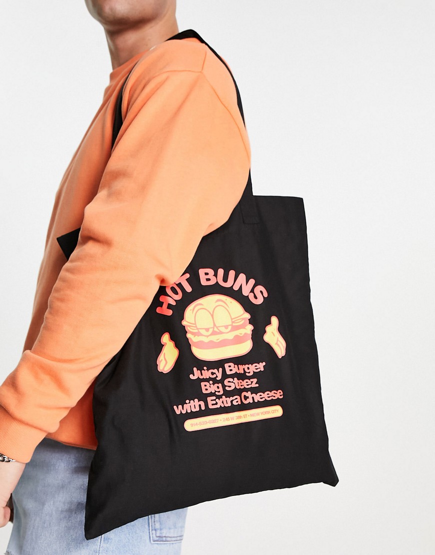 ASOS DESIGN lightweight tote bag with food print in black-Multi