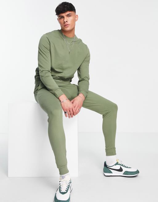 ASOS DESIGN lightweight tracksuit with sweatshirt and skinny trackies in khaki, 4 of 4