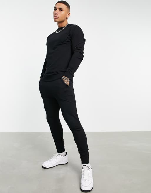 ASOS DESIGN lightweight tracksuit with sweatshirt skinny sweatpants in black BLACK