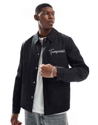 Asos Design Lightweight Varsity Harrington Jacket With Back Print In Black