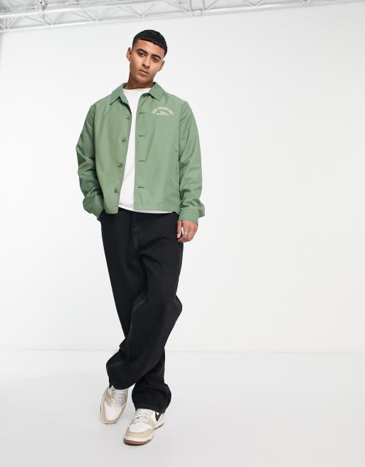 ASOS DESIGN lightweight varsity nylon coach jacket with back print in green