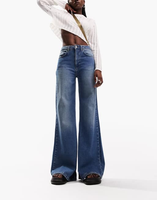 ASOS DESIGN Wide leg jeans with cinch waist detail in mid stone wash