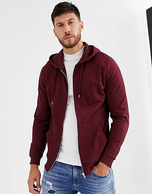 ASOS DESIGN lightweight zip up hoodie in burgundy | ASOS