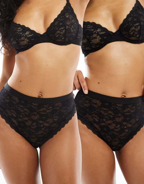 ASOS DESIGN Lila 2 pack lace high waist brief with waistband in black - view 1