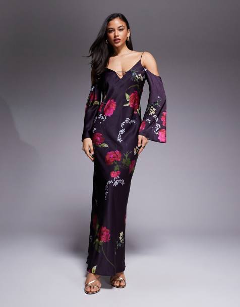 ASOS DESIGN – Lila, blommig midiklänning i satin med långa ärmar, sänkt axelsöm och smala axelband - view 1