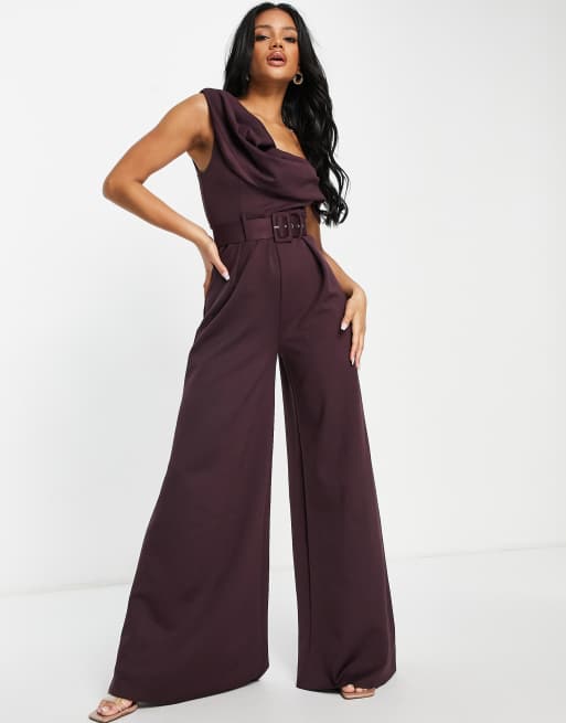 ASOS DESIGN – Lila jumpsuit av scubatyg i one shoulder-modell med vida ben och skärp 