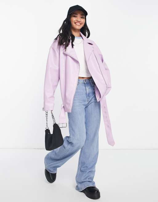 ASOS DESIGN – Lila lång bikerjacka i läderimitation och oversize-modell