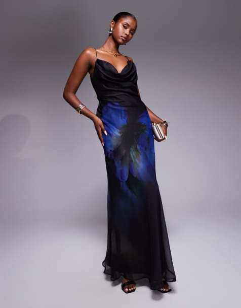 ASOS DESIGN – Lila, maxiklänning med draperad, djup ringning, detalj baktill och placerat blomtryck - view 1