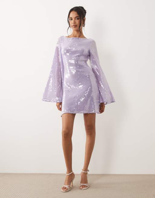 ASOS DESIGN – Lila miniklänning med paljetter och böljande ärmar, 2 av 4