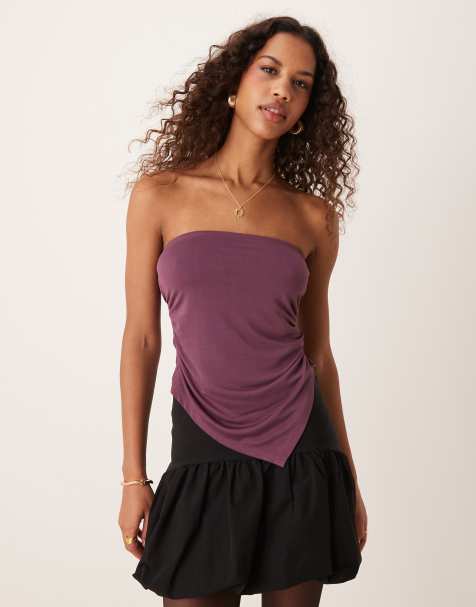 ASOS DESIGN – Lila, mjuk bandeau-topp med ryschade sidor och asymmetrisk fåll - view 1