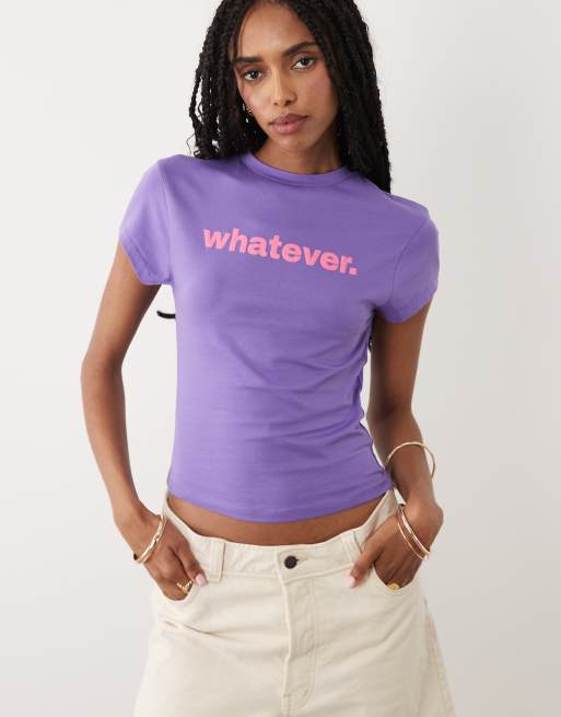 ASOS DESIGN – Lila och rosa t-shirt med krympt passform och puffigt "Whatever"-tryck, 3 av 4