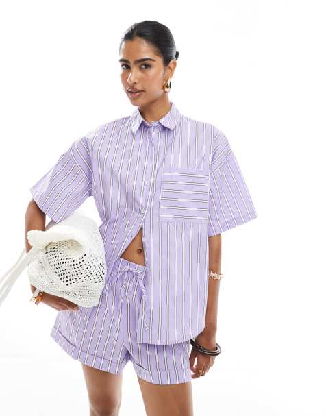 ASOS DESIGN – Lila, randig skjorta med boxig passform, del av set - view 1