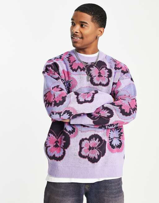 ASOS DESIGN – Lila stickad tröja i jacquard med blommigt mönster