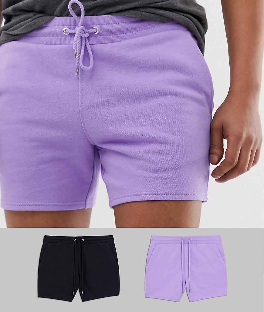 ASOS DESIGN – Lila/svarta korta jersey-shorts med extra smal passform i 2-pack – Spara-Flerfärgad