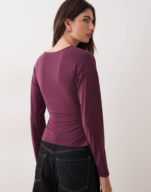 ASOS DESIGN – Lila topp i modal med omlottmidja och långa ärmar, 4 av 4