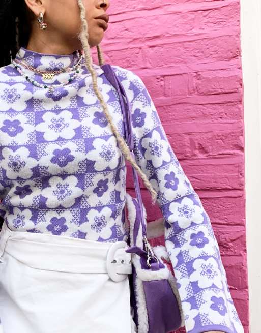 ASOS DESIGN – Lila tröja i blommigt och rutigt mönster med hög ringning, 3 av 4