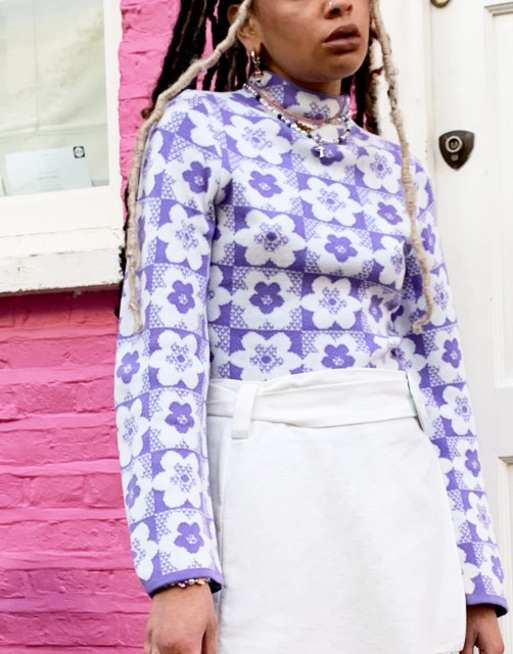 ASOS DESIGN – Lila tröja i blommigt och rutigt mönster med hög ringning, 4 av 4