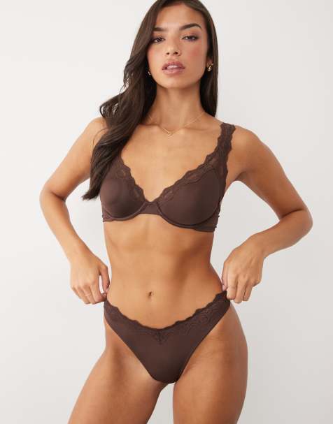 ASOS DESIGN Lilah microfibre built up underwire bra with lace trim in brown - view 1