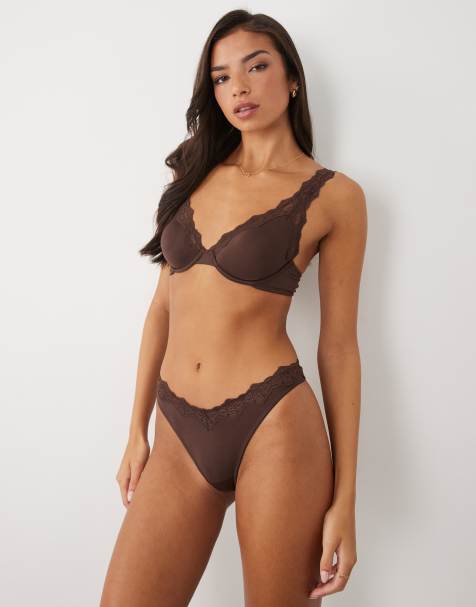 ASOS DESIGN Lilah microfibre lingerie set with lace trim in brown - view 1