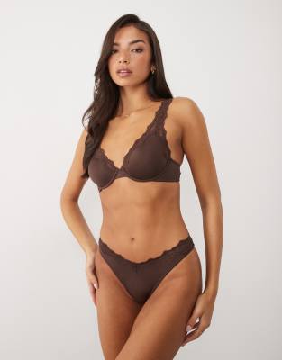Asos Design Lilah Microfibre Thong With Lace Trim In Brown