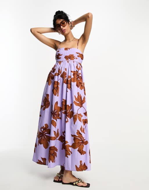 ASOS DESIGN – Liliowa bawełniana sukienka midi w stylu babydoll z zakładkami pod biustem i wzorem w duże kwiaty
