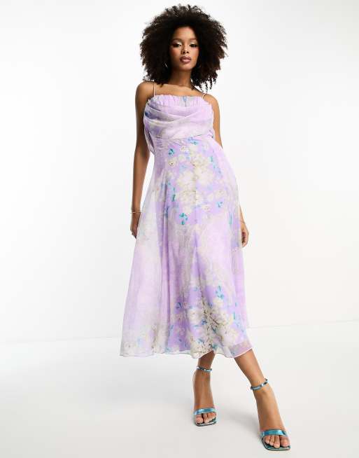 ASOS DESIGN – Liliowa gorsetowa sukienka midi z drapowanym dekoltem w kwiatowy wzór