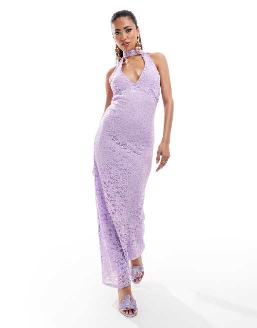 ASOS DESIGN – Liliowa koronkowa sukienka midi z dekoltem halter i wiązaniem na szyi
