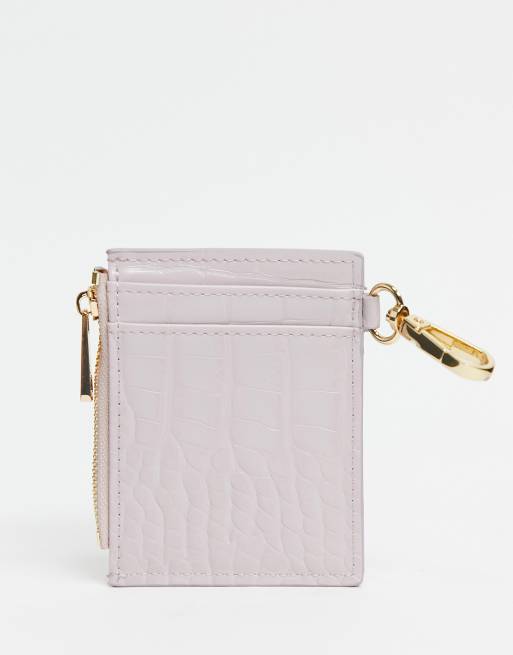 ASOS DESIGN – Liliowa portmonetka i etui na karty z imitacji skóry krokodyla z karabińczykiem