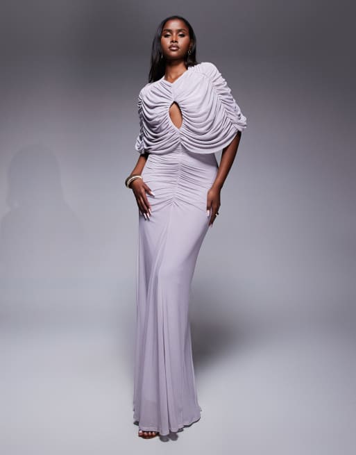 ASOS DESIGN – Liliowa siateczkowa sukienka maxi z wyrazistym marszczeniem