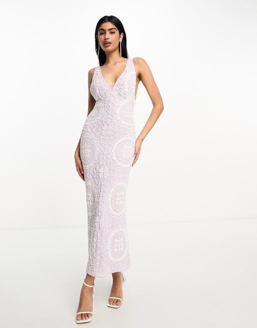 ASOS DESIGN – Liliowa sukienka midi z głębokim dekoltem, wiązaniem z tyłu i zdobieniami