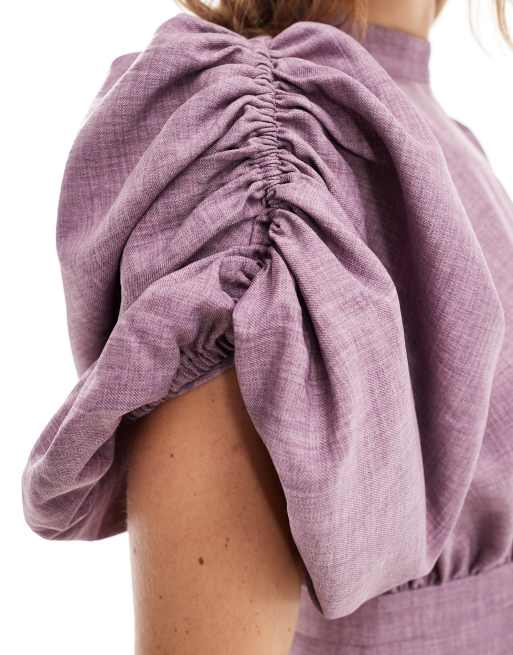ASOS DESIGN – Liliowa sukienka midi z zabudowanym dekoltem, obszernymi rękawami i dopasowanym dołem