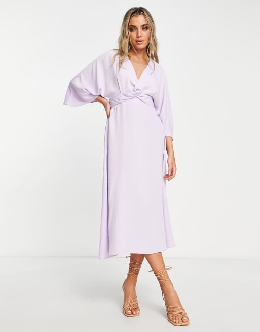 ASOS DESIGN – Liliowa sukienka skater midi z rękawami nietoperzowymi i skręconym przodem
