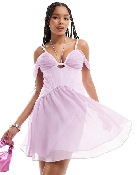 ASOS DESIGN – Liliowa szyfonowa sukienka mini z satynowym gorsetem - view 1