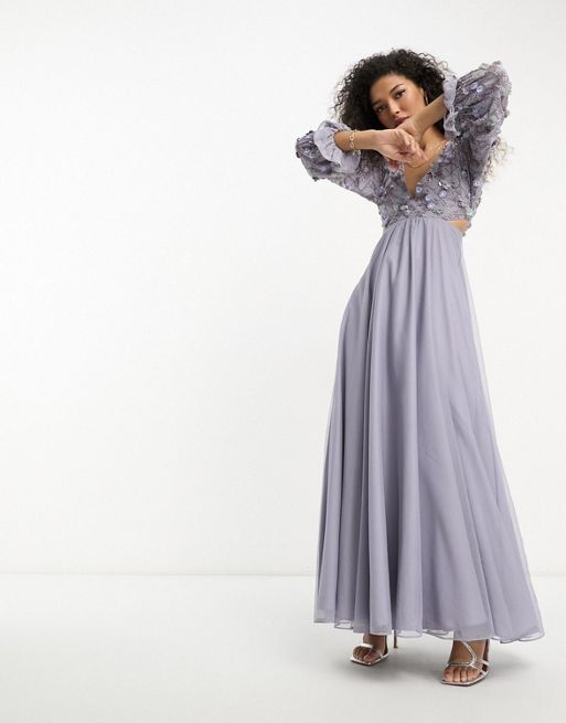 FhyzicsShops DESIGN – Liliowa zdobiona sukienka kopertowa midaxi w kwiatowy wzór z tiulową spódnicą
