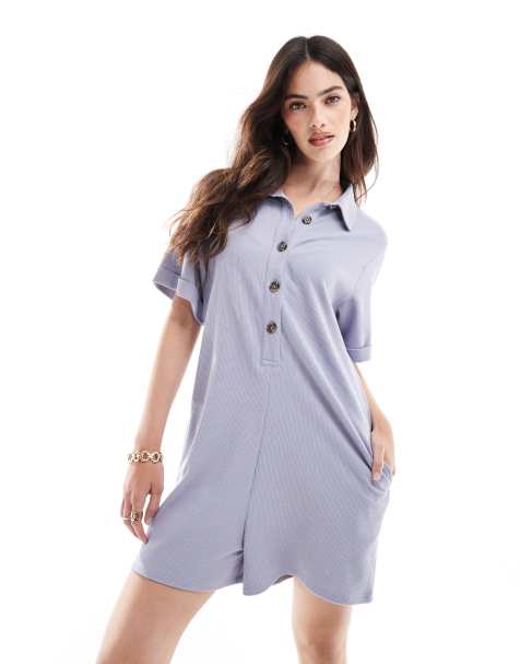 ASOS DESIGN – Liliowy kombinezon z pudełkowym T-shirtem z kołnierzem i częściową plisą z guzikami - view 1