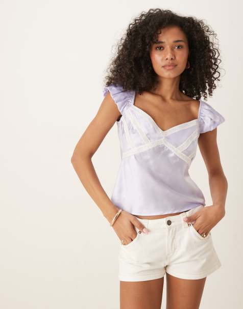ASOS DESIGN satin and lace trim mix vest top in lilac