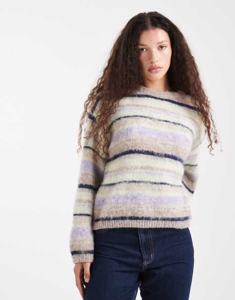 ASOS DESIGN – Liliowy szczotkowany sweter w kolorowe paski - view 1