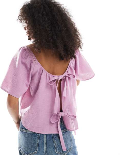 ASOS DESIGN lace insert square neck top with tie back in lilac