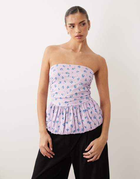 ASOS DESIGN - Lilla bandeau-top med blomstermønster og puf i kanten - view 1