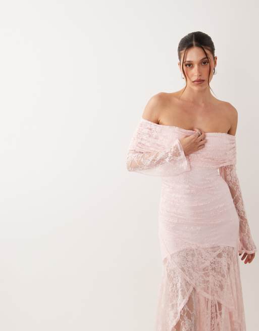 ASOS DESIGN - Lilla langærmet maxikjole i blondestof med offshoulder-design, 3 af 4