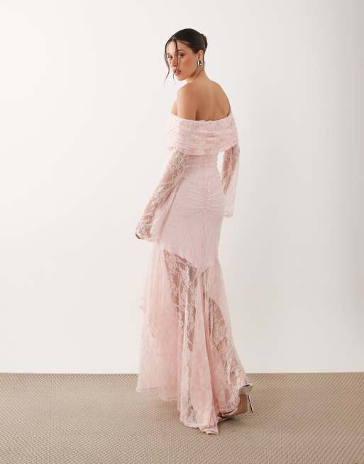 ASOS DESIGN - Lilla langærmet maxikjole i blondestof med offshoulder-design, 4 af 4