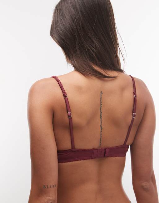 ASOS DESIGN Lillie Lace trim underwired plunge bra in burgundy & pink, 4 of 4
