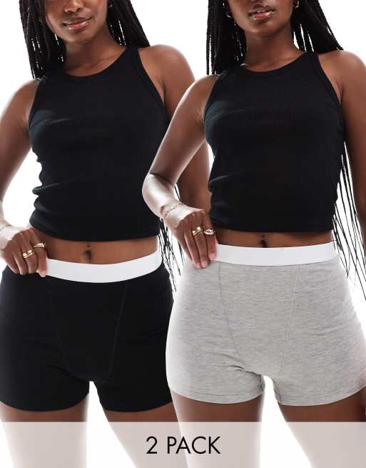 ASOS DESIGN - Lillie - Lot de 2 boxers en coton à taille haute - Noir et gris