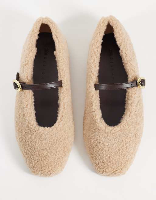 ASOS DESIGN Lillie mary jane ballets in natural borg, 2 of 4