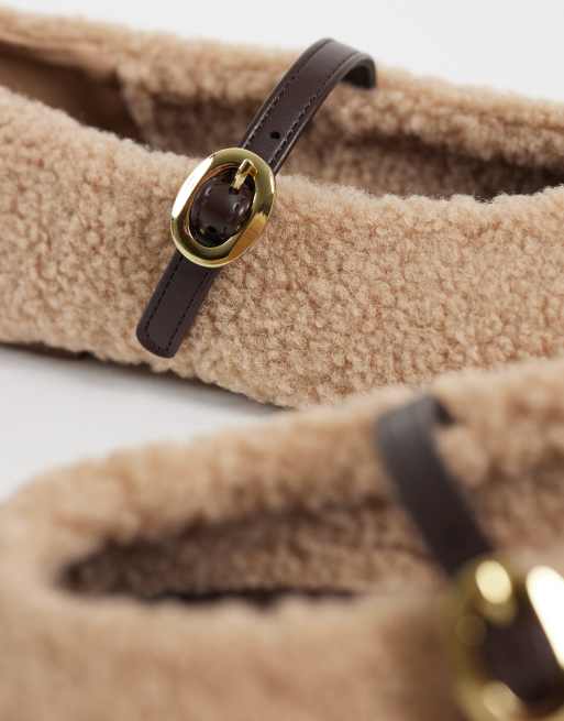 ASOS DESIGN Lillie mary jane ballets in natural borg, 3 of 4